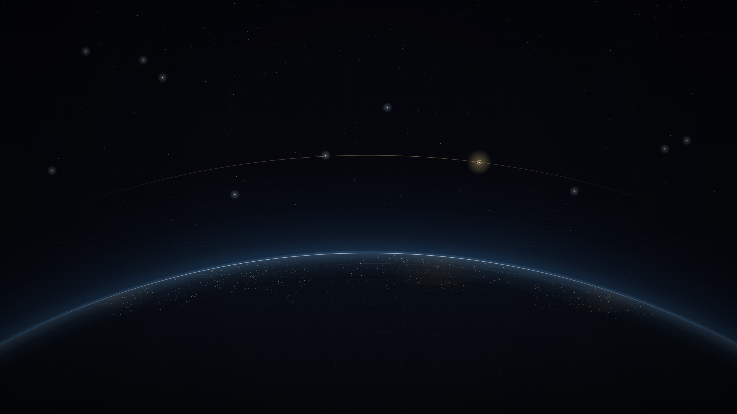 Earth's nightside seen from orbit, city lights tracing the terminator, with a single gold orbital arc above